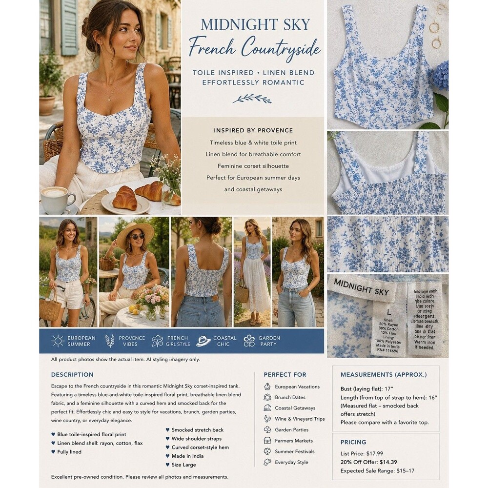Midnight Sky Blue Toile Floral Linen Blend Corset Cropped Tank French Country L